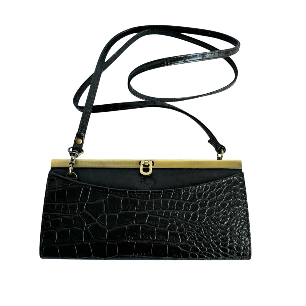Vintage Buxton Cross Body Bag Wallet WOC Black Crocodile Embossed Leather‎ 90s